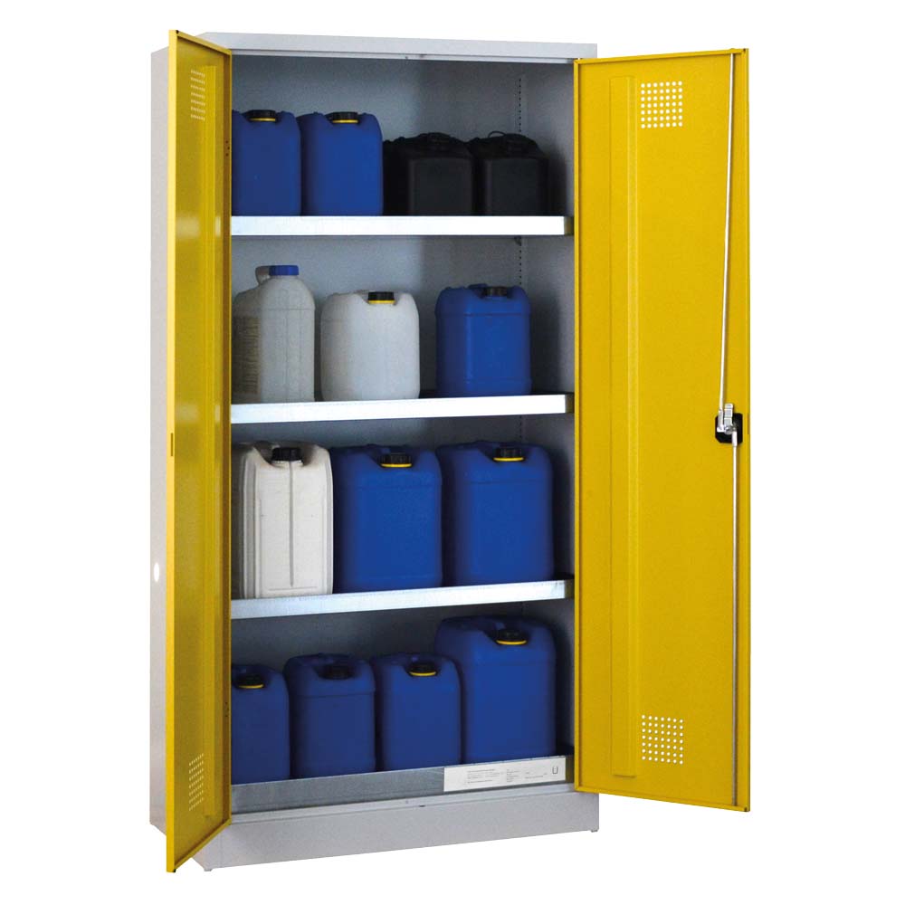 Umweltschrank aus Stahl mit Bodenauffangwanne à 30 l und 3 Wannenböden à 20 l, 1000 x 500 x 1950 mm