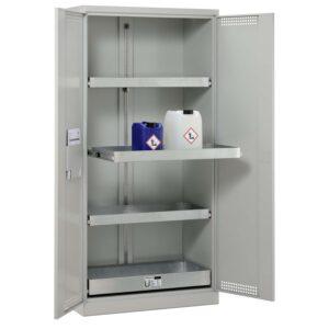 Umweltschrank aus Stahl mit Bodenauffangwanne à 20 l und 3 Wannenböden à 20 l, 500 x 500 x 1950 mm Umweltschrank Produktbild Umweltschrank aus Stahl mit Bodenauffangwanne 30 l und 3 x Regalwanne à 20 l als Vollauszug, 950 x 500 x 1950 mm