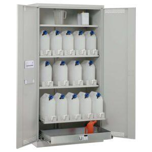 Umweltschrank aus Stahl mit Bodenauffangwanne à 20 l und 3 Wannenböden à 20 l, 500 x 500 x 1950 mm Umweltschrank Produktbild Umweltschrank aus Stahl mit Bodenauffangwanne 30 l, 1 Fachboden, 3 Kanisterebenen, 1000 x 550 x 1950 mm