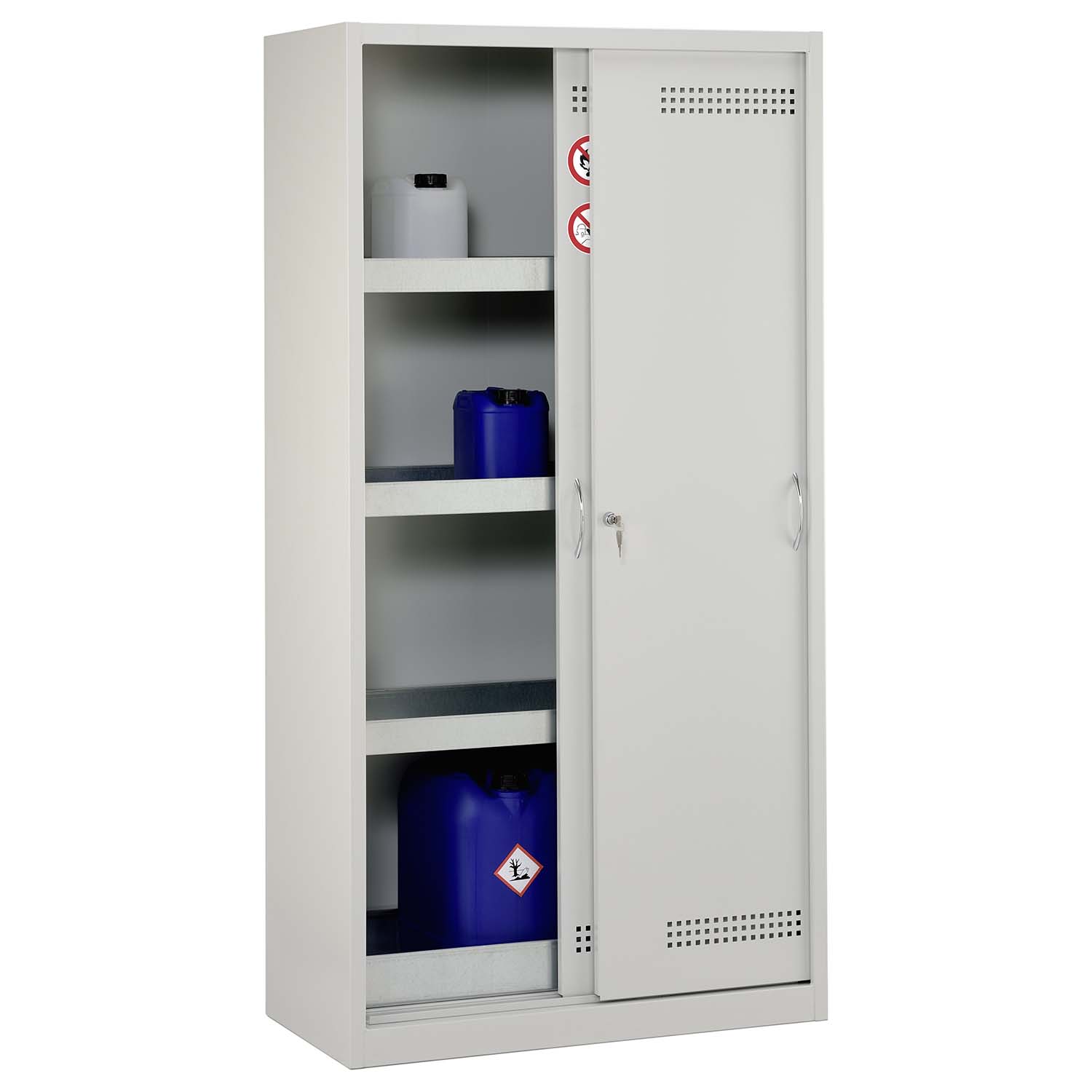Umweltschrank aus Stahl mit Bodenauffangwanne 30 l und 3 x Regalwanne à 20 l, 1000 x 500 x 1950 mm, Schiebetüren