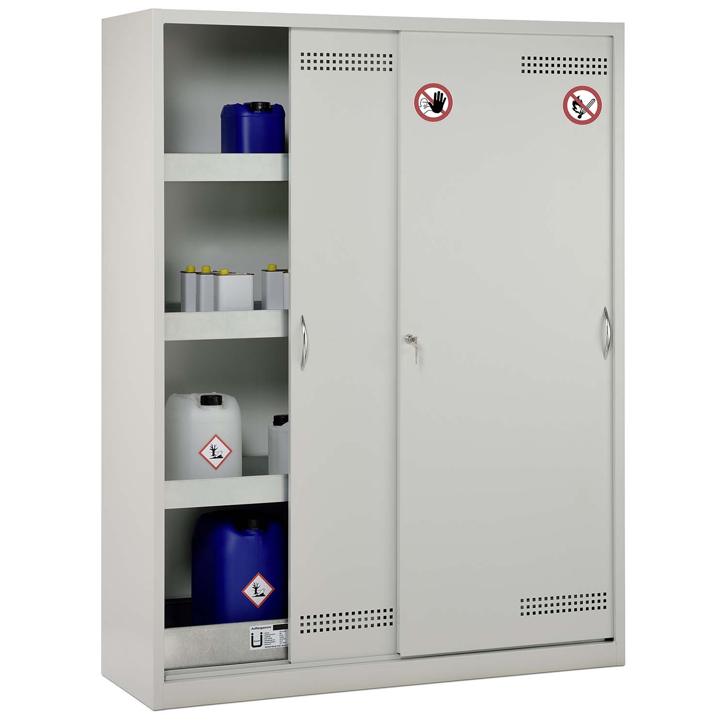 Umweltschrank aus Stahl mit 2 x Bodenauffangwanne 30 l und 6 x Regalwanne à 20 l, 1500 x 500 x 1950 mm, Schiebetüren