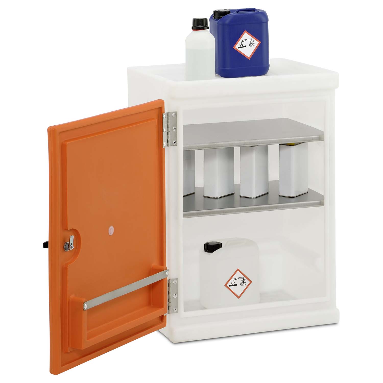 Umweltschrank aus PE mit Auffangwanne 18 l, 2 Fachböden aus Edelstahl, 600 x 470 x 850 mm