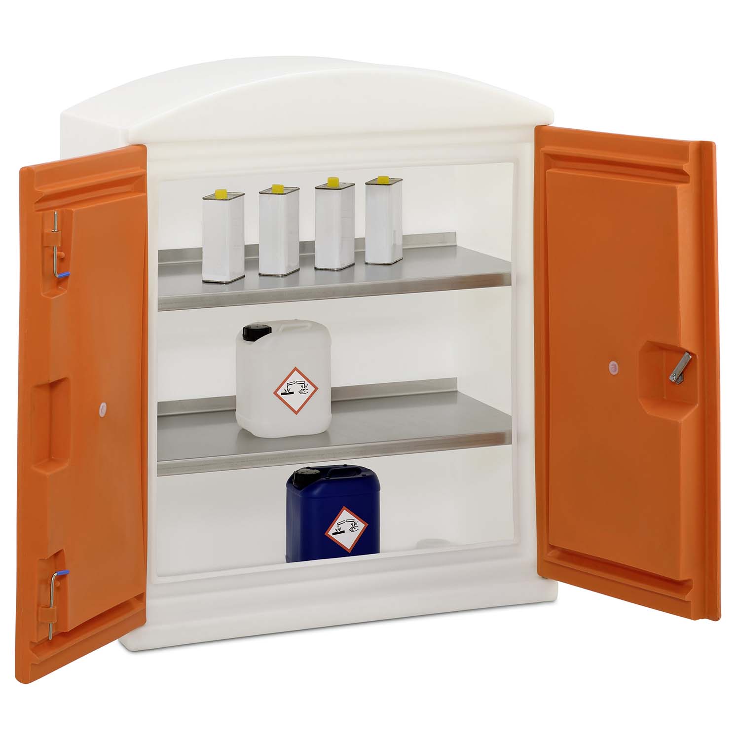 Umweltschrank aus PE mit Auffangwanne 47 l, 2 Fachböden aus Edelstahl, 975 x 520 x 1180 mm