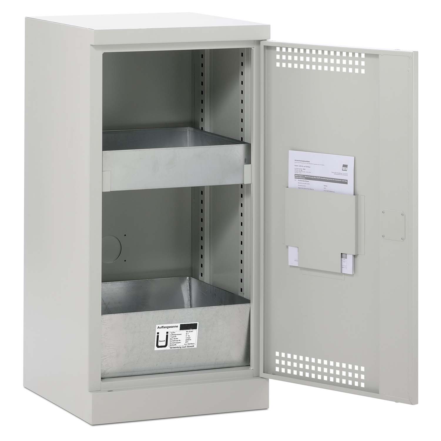 Umweltschrank aus Stahl mit Bodenauffangwanne 30 l und Regalwanne 20 l