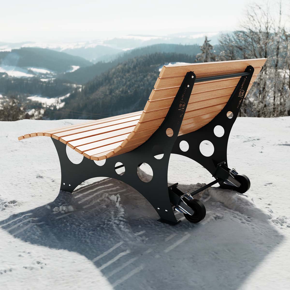 Waldsofa aus Metall mit Holzauflagen aus Lärche, Breite 1500 mm, duplexbeschichtet, mit Rollen