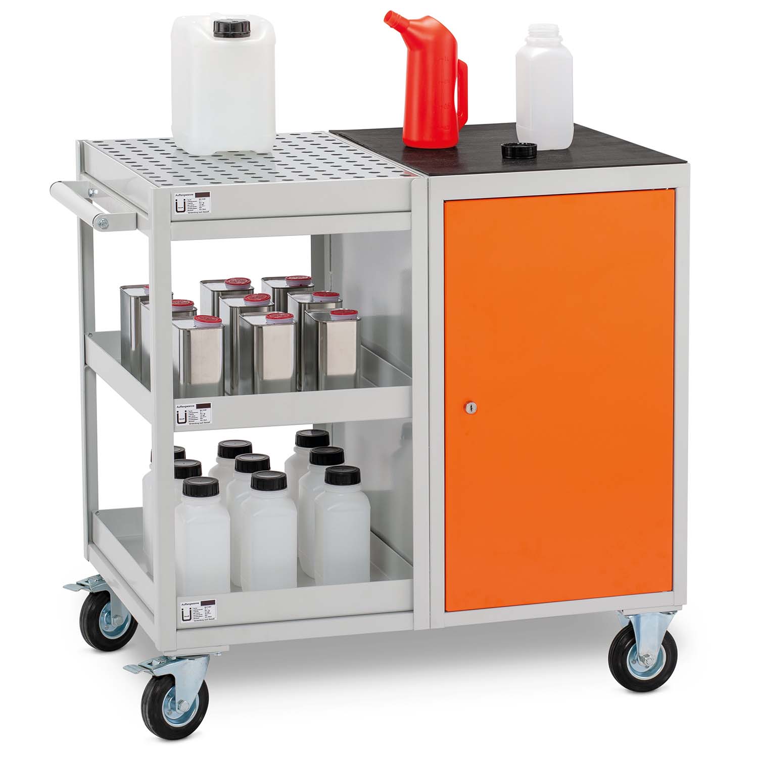 Werkstattwagen mit 2 Auffangwannen aus Stahl à 10 l, 990 x 610 x 920 mm, mit Schrank und Antirutschmatte