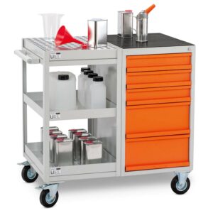 Werkstattwagen mit 2 Auffangwannen aus Stahl à 10 l, 990 x 610 x 920 mm, mit Schubladenschrank und Antirutschmatte Werkstattwagen mit 2 Auffangwannen aus Stahl à 10 l, 990 x 610 x 920 mm, mit Schubladenschrank und Antirutschmatte