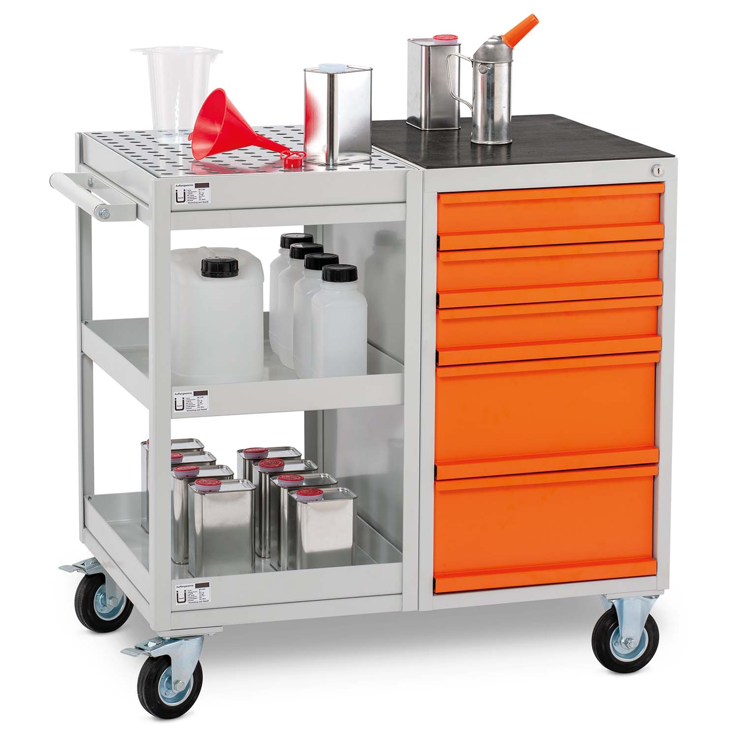 Werkstattwagen mit 2 Auffangwannen aus Stahl à 10 l, 990 x 610 x 920 mm, mit Schubladenschrank und Antirutschmatte